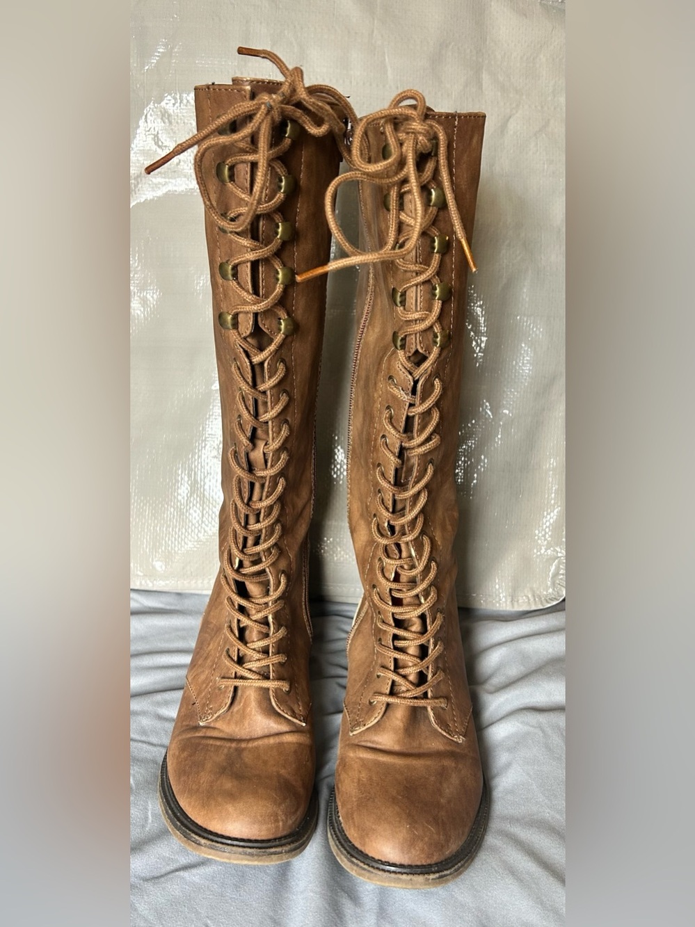 Women’s 7.5 Brown Tall Lace Up Boots Side Zip Knee High Military Style, Target